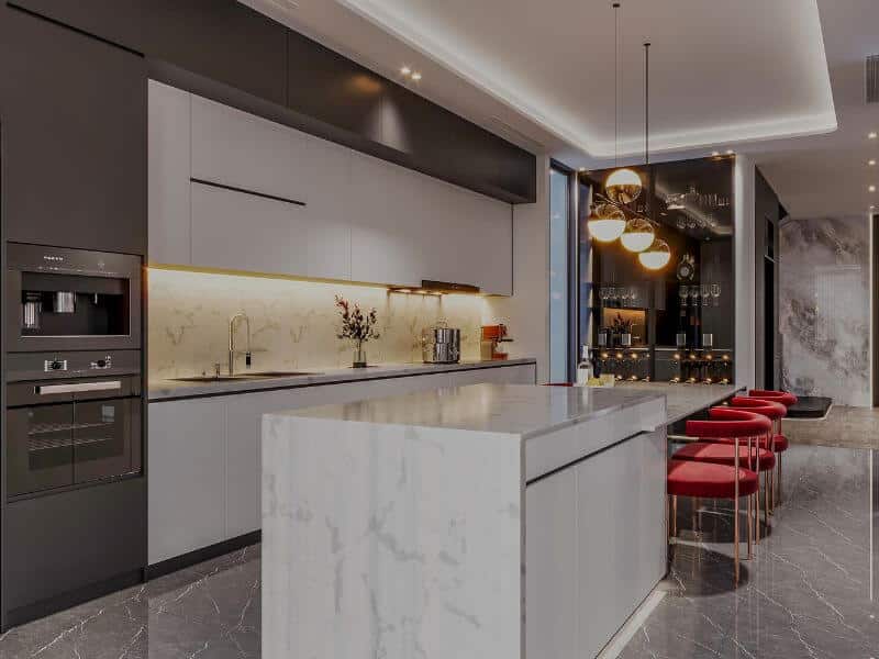 cozinha com mármore e decoração