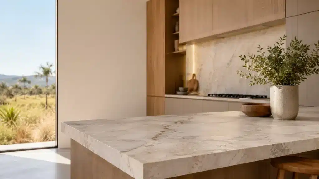 Bancada de quartzito claro instalada em cozinha, exemplo das pedras mais usadas por arquitetos em Brasília
