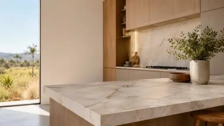 Bancada de quartzito claro instalada em cozinha, exemplo das pedras mais usadas por arquitetos em Brasília