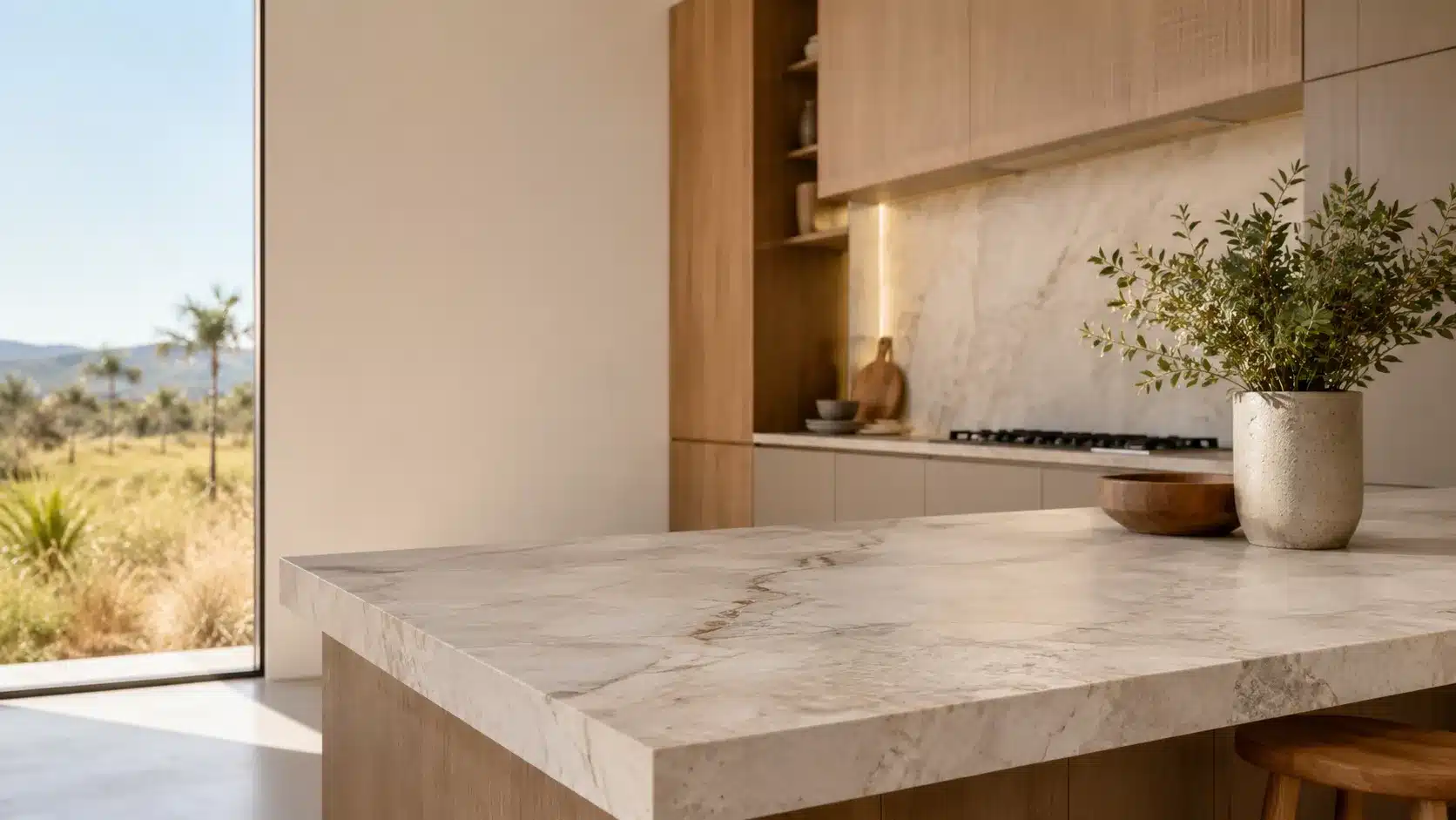 Bancada de quartzito claro instalada em cozinha, exemplo das pedras mais usadas por arquitetos em Brasília